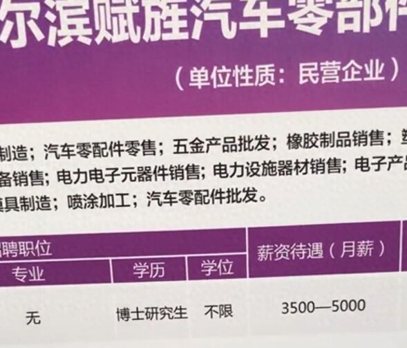 哈尔滨一公司月薪3500元招聘博士引哗然 网友纷纷表示不理解